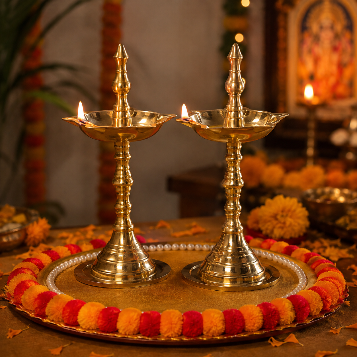 Traditional Brass Samai Diya Set of 2 | Standing Oil Lamp for Puja, Home Temple & Festive Decoration Brass Standing Diya Set of 2 | Traditional Decorative Oil Lamp | 12 x 6 cm | - Image 3