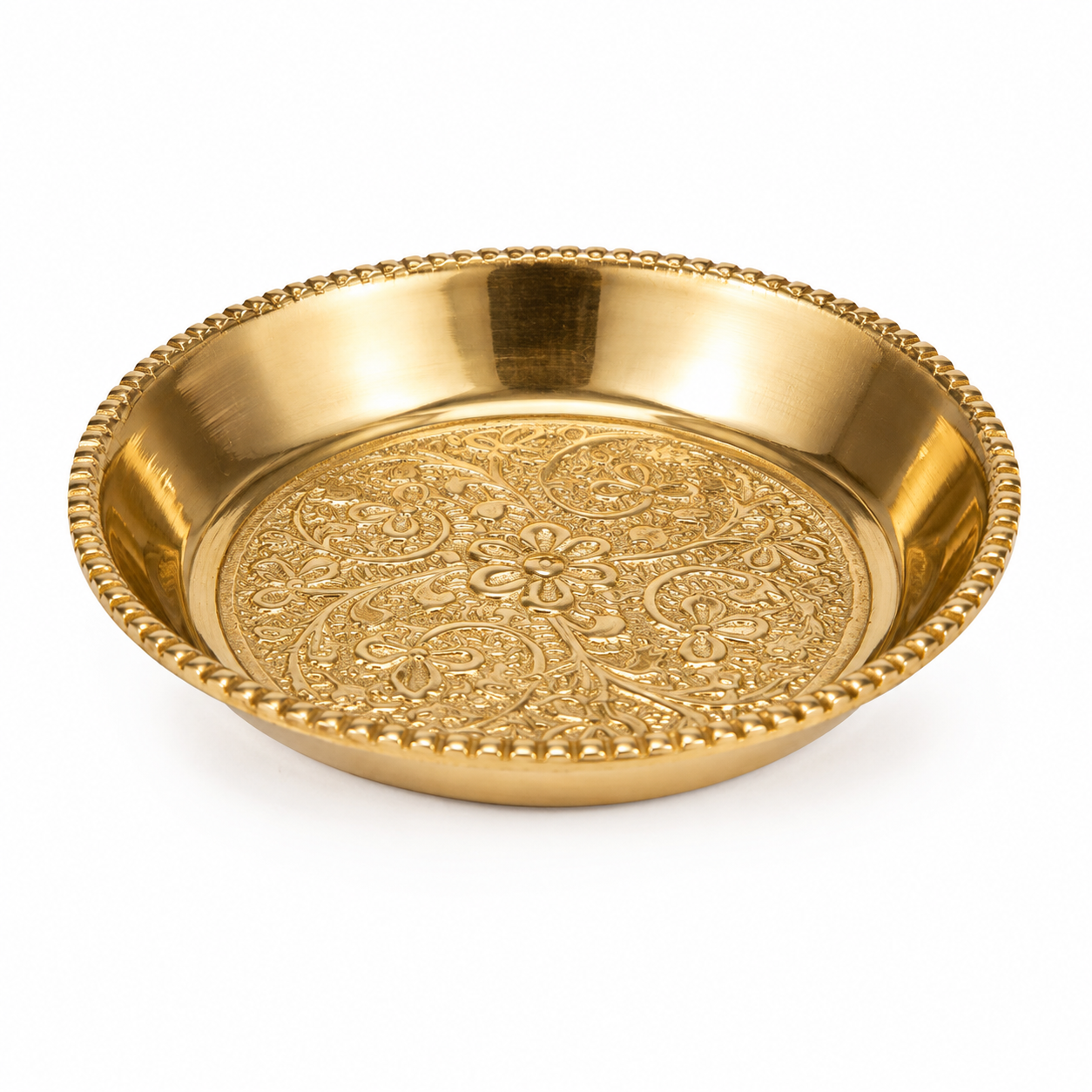 Premium Brass Prasad Plate with Intricate Floral Embossed Design – Traditional Pooja Thali for Prasad, Bhog, Offerings & Religious Ceremonies | 8.5 inch x 2 inch | - Image 4