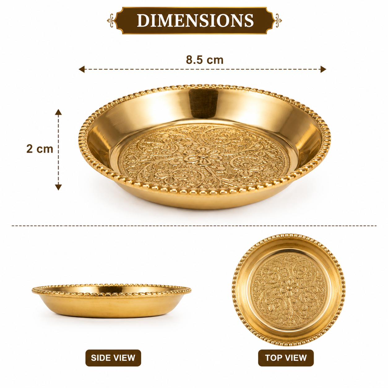 Premium Brass Prasad Plate with Intricate Floral Embossed Design – Traditional Pooja Thali for Prasad, Bhog, Offerings & Religious Ceremonies | 8.5 inch x 2 inch | - Image 2