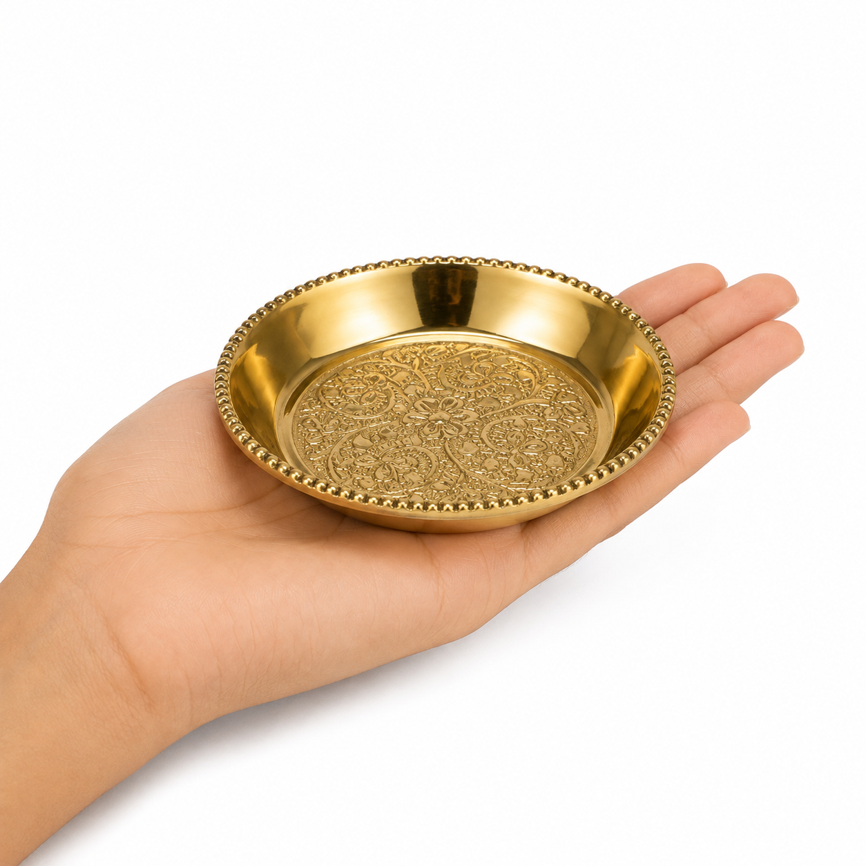 Premium Brass Prasad Plate with Intricate Floral Embossed Design – Traditional Pooja Thali for Prasad, Bhog, Offerings & Religious Ceremonies | 8.5 inch x 2 inch | - Image 3