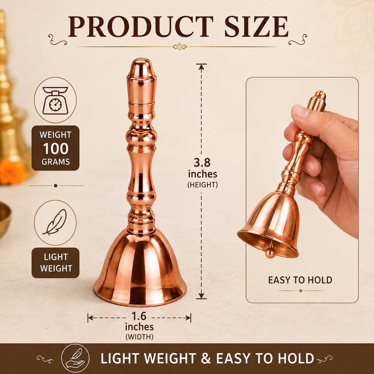 Premium Pure Copper Pooja Bell (Ghanti) for Home Temple | Handcrafted Puja Bell with Clear Resonant Sound | Traditional Aarti Bell for Daily Worship & Religious Ceremonies | 12 x 5 cm | - Image 2