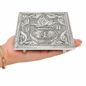 Premium Silver-Plated Pooja Chowki with Shree Yantra Design – Traditional Sacred Platform for Idol Placement, Home Temple & Religious Rituals | 12 x 3 cm |