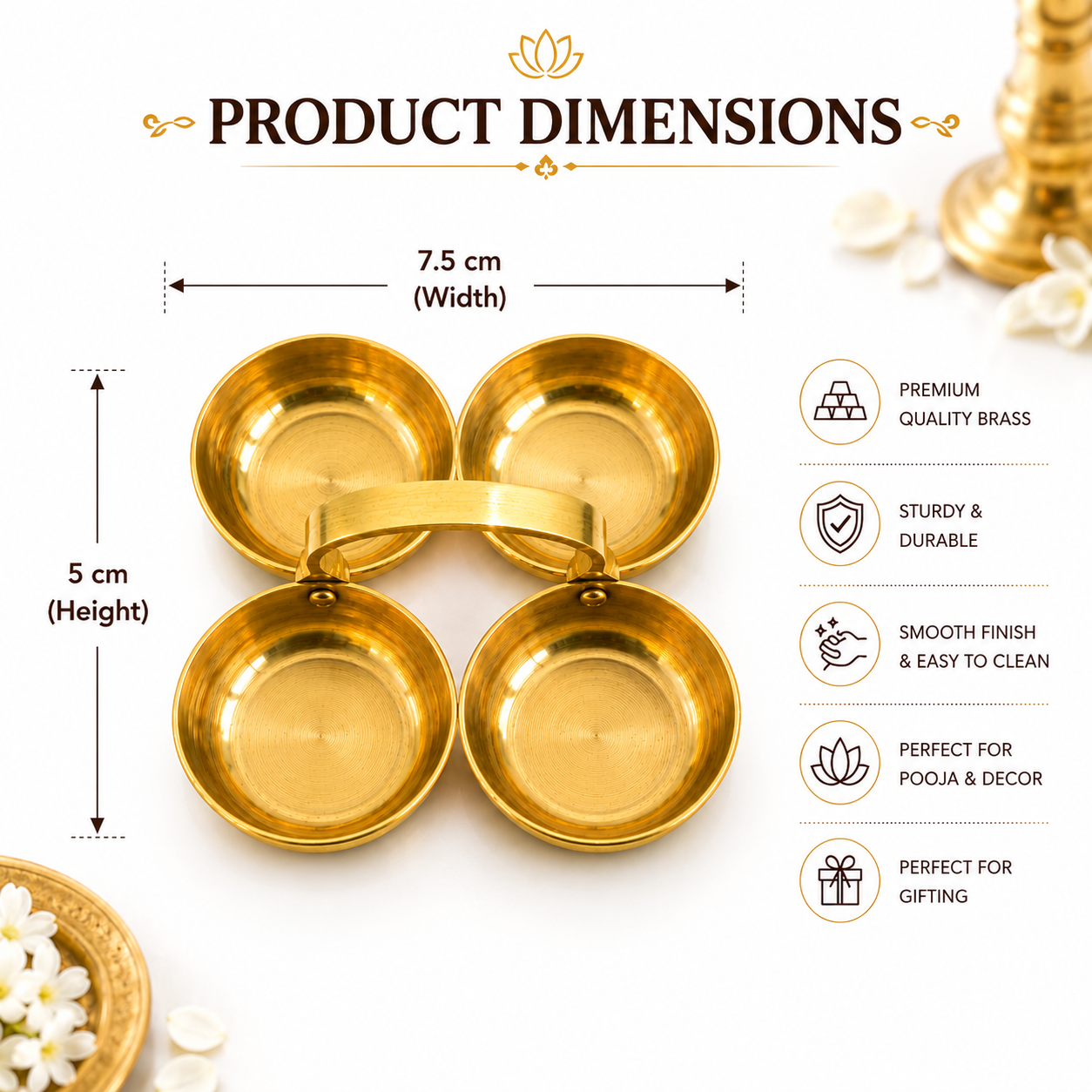 Premium Brass Chopada for Pooja | Traditional 4 Bowl Kumkum Haldi Holder with Handle | Puja Accessories for Home Temple & Religious Ceremonies | 7.5 x 7.5 x 2.5 cm | - Image 3