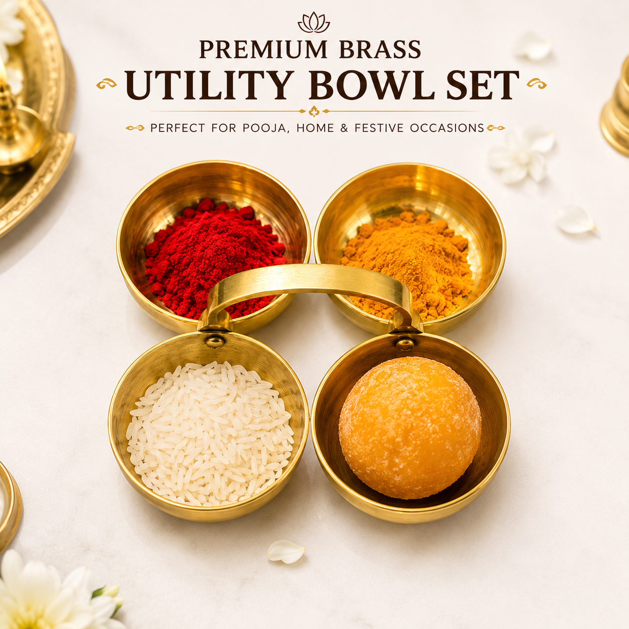 Premium Brass Chopada for Pooja | Traditional 4 Bowl Kumkum Haldi Holder with Handle | Puja Accessories for Home Temple & Religious Ceremonies | 7.5 x 7.5 x 2.5 cm | - Image 2
