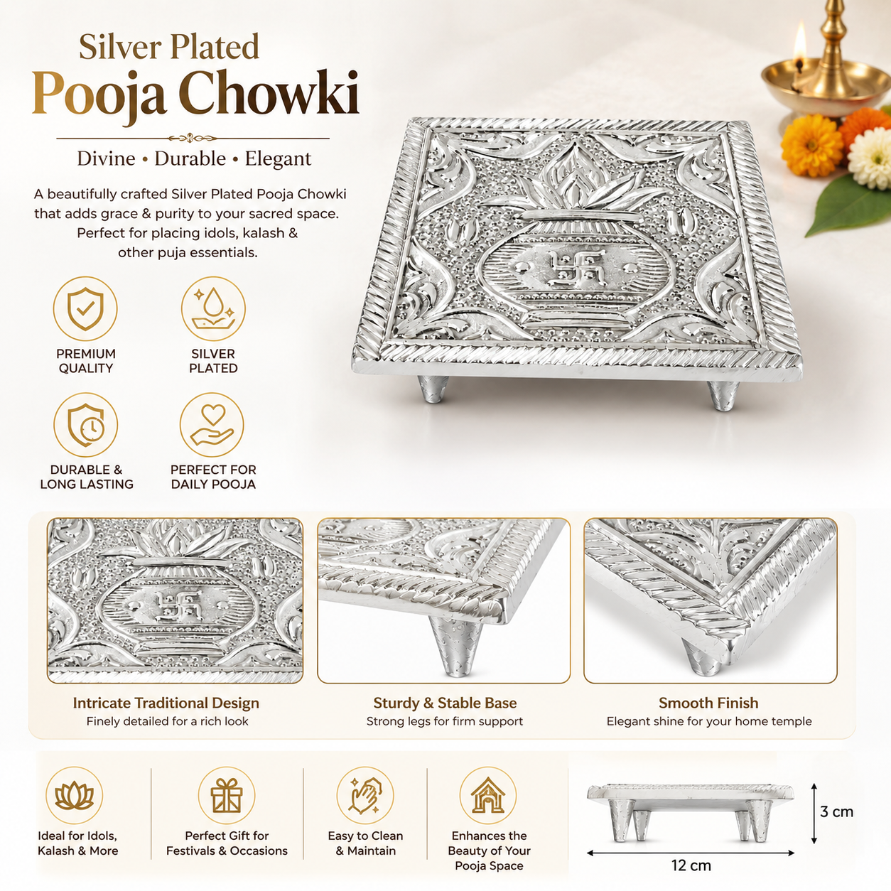 Premium Silver-Plated Pooja Chowki with Shree Yantra Design – Traditional Sacred Platform for Idol Placement, Home Temple & Religious Rituals | 12 x 3 cm | - Image 2