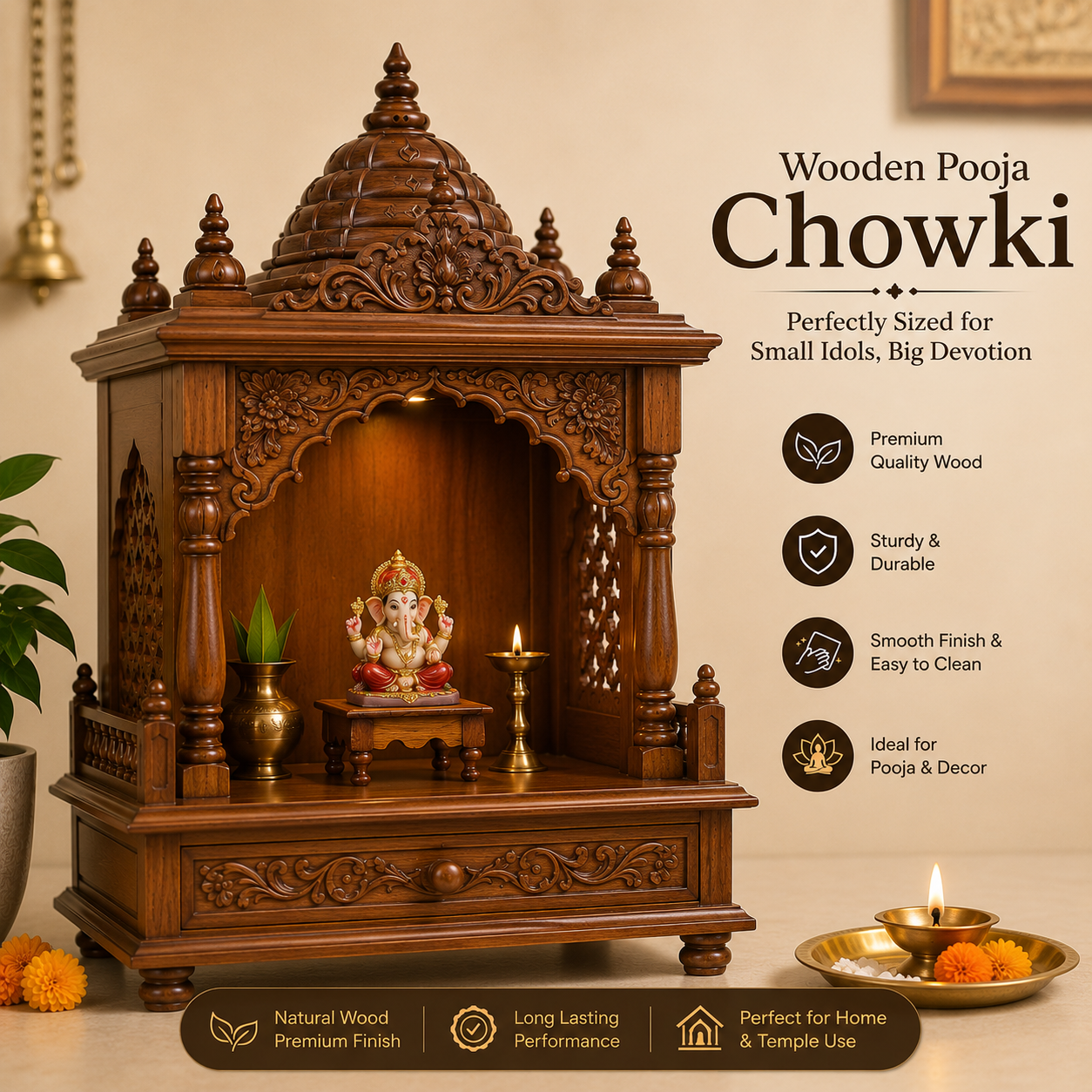Antar Aabha Premium Small Size Wooden Pooja Chowki for Home Temple | 4.5 X 4.5 X 2.6 inch | Small Puja Bajot for Single Idols, Kalash & Religious Rituals - Image 4