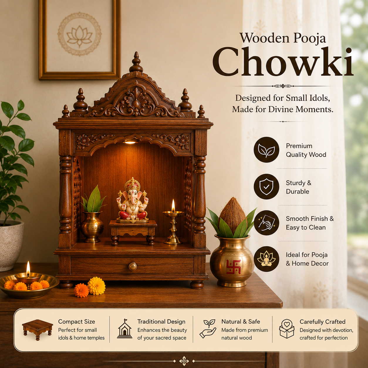 Antar Aabha Premium Small Size Wooden Pooja Chowki for Home Temple | 4.5 X 4.5 X 2.6 inch | Small Puja Bajot for Single Idols, Kalash & Religious Rituals - Image 5