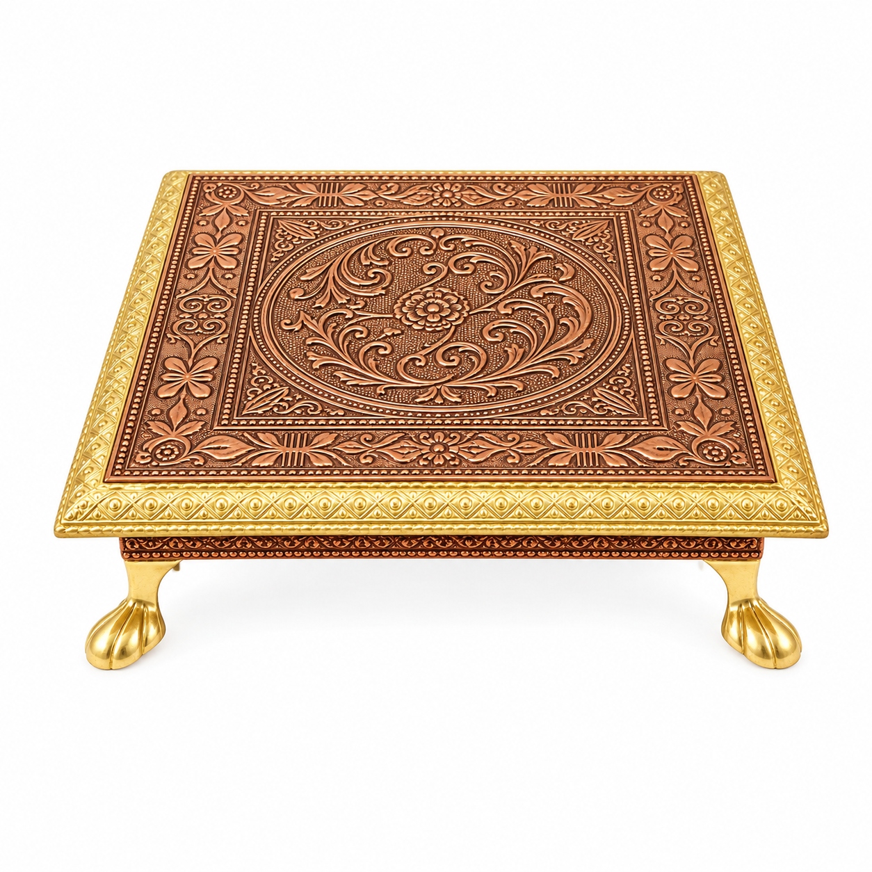 Premium Decorative Brass Pooja Chowki with Intricate Floral & Paisley Engraving – Traditional Raised Platform for Idols, Home Temple, Pooja Rituals & Festive Ceremonies | 20 x 20 x 5.5 cm | - Image 2
