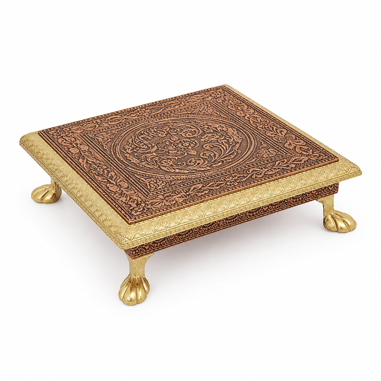 Premium Decorative Brass Pooja Chowki with Intricate Floral & Paisley Engraving – Traditional Raised Platform for Idols, Home Temple, Pooja Rituals & Festive Ceremonies | 20 x 20 x 5.5 cm | - Image 3