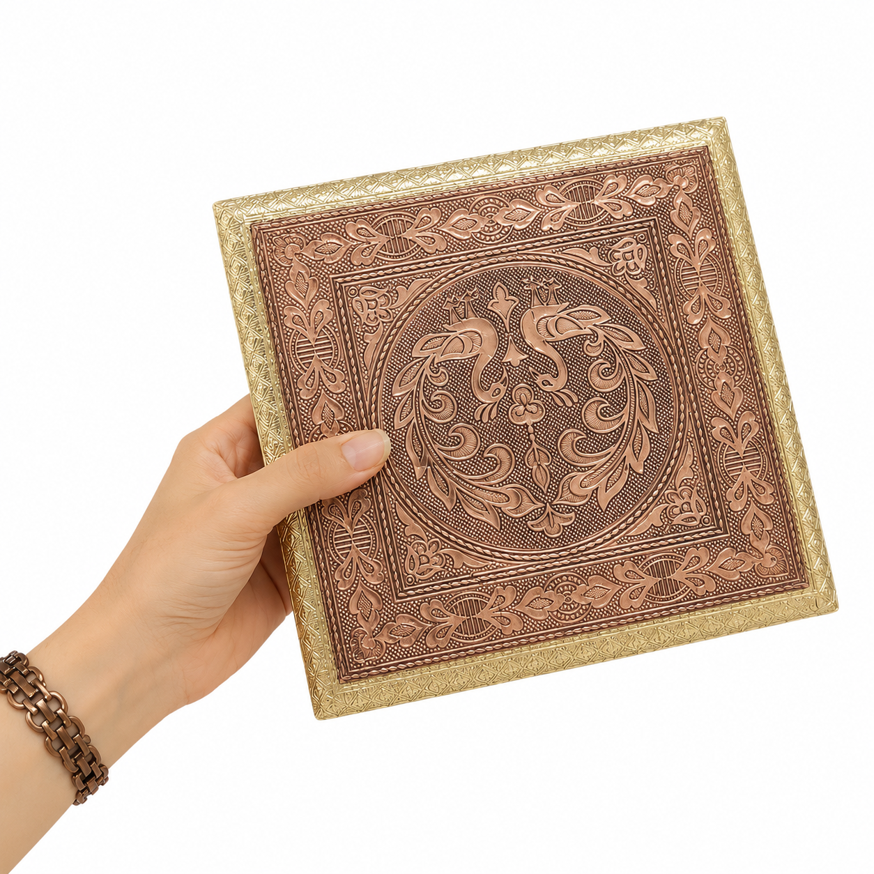 Premium Decorative Brass Pooja Chowki with Intricate Floral & Paisley Engraving – Traditional Raised Platform for Idols, Home Temple, Pooja Rituals & Festive Ceremonies | 20 x 20 x 5.5 cm | - Image 5