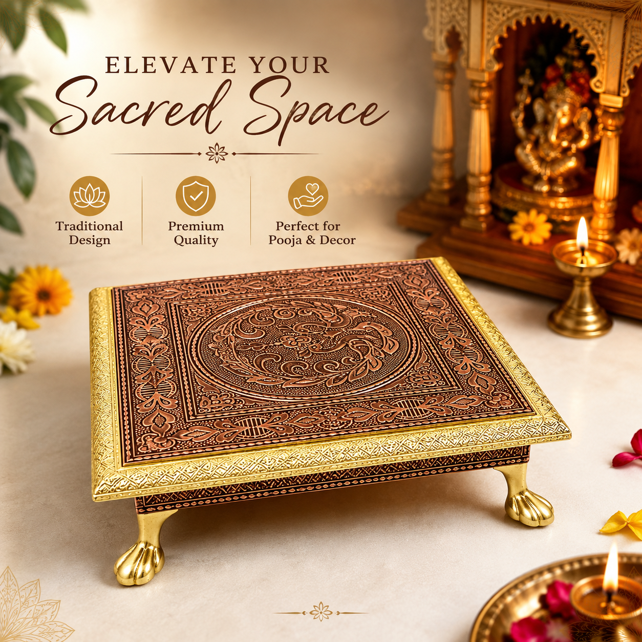 Premium Decorative Brass Pooja Chowki with Intricate Floral & Paisley Engraving – Traditional Raised Platform for Idols, Home Temple, Pooja Rituals & Festive Ceremonies | 20 x 20 x 5.5 cm |