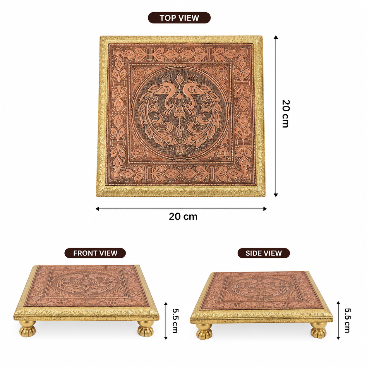 Premium Decorative Brass Pooja Chowki with Intricate Floral & Paisley Engraving – Traditional Raised Platform for Idols, Home Temple, Pooja Rituals & Festive Ceremonies | 20 x 20 x 5.5 cm | - Image 6