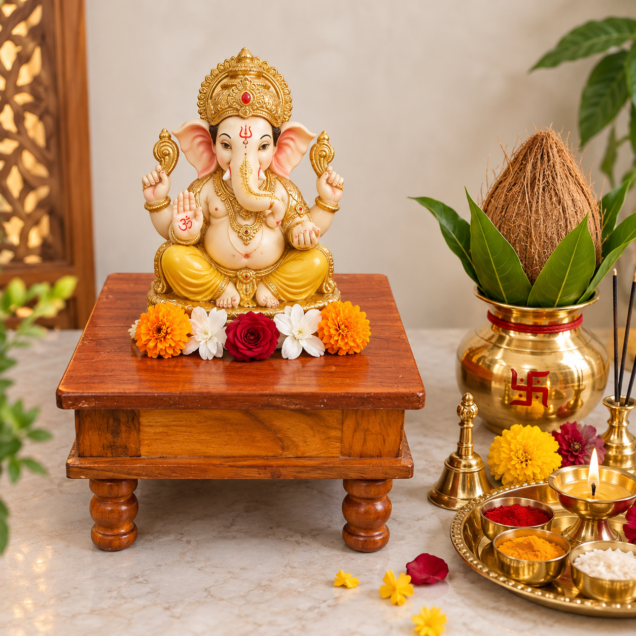 Antar Aabha Handcrafted Wooden Puja Chowki/Paat for Ganpati Idol, Pooja Samagri & Decorative Use for Home Temple, Mandir & Religious Rituals | | 10 x 10 x 5 Inch | Pack of 1 - Image 3