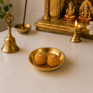 Premium Brass Prasad Plate with Intricate Floral Embossed Design – Traditional Pooja Thali for Prasad, Bhog, Offerings & Religious Ceremonies | 8.5 inch x 2 inch |