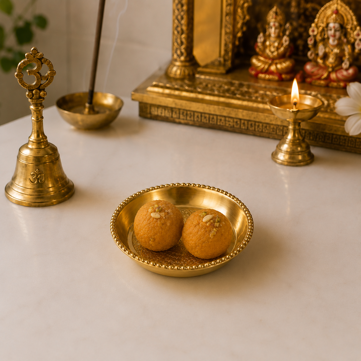 Premium Brass Prasad Plate with Intricate Floral Embossed Design – Traditional Pooja Thali for Prasad, Bhog, Offerings & Religious Ceremonies | 8.5 inch x 2 inch |