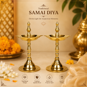 Traditional Brass Samai Diya Set of 2 | Standing Oil Lamp for Puja, Home Temple & Festive Decoration Brass Standing Diya Set of 2 | Traditional Decorative Oil Lamp | 12 x 6 cm |